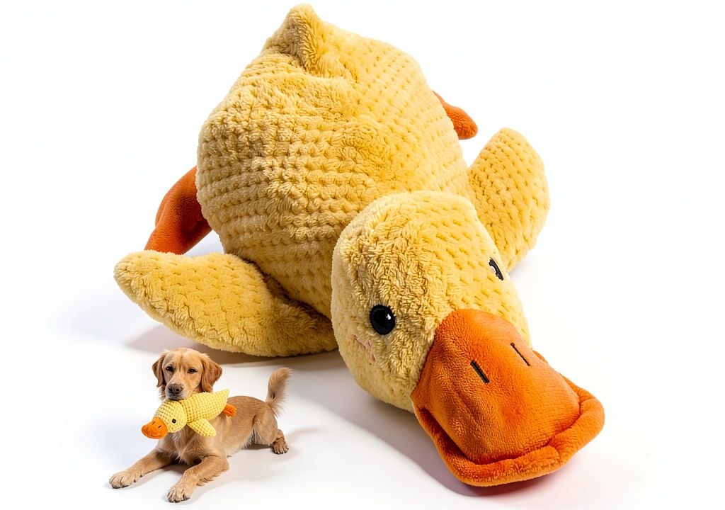 SENLEND Calming Duck Dog Toy being chewed by a dog