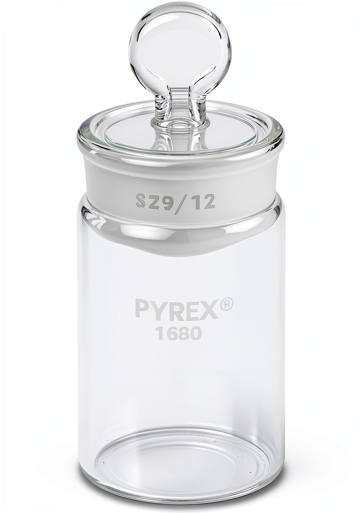 Corning glass weighing bottle on a lab bench with measurement tools