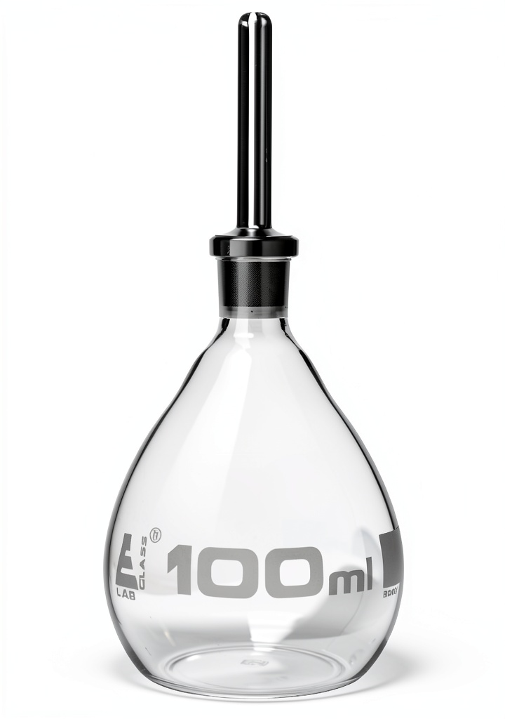 Eisco specific gravity bottle with stopper on a lab bench