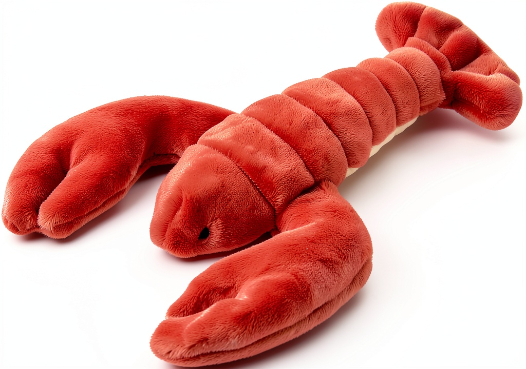 Manny Lobster dog toy held by a person showing its plush texture and embroidered eyes