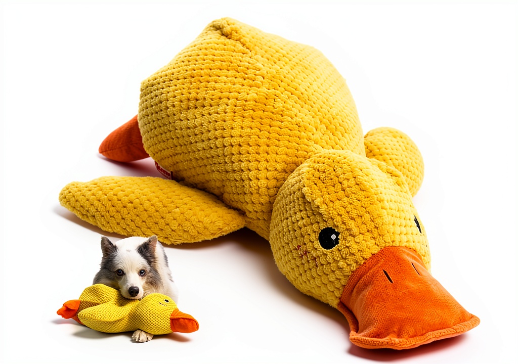 'Generic Calming Duck dog toy in use with a playful dog'