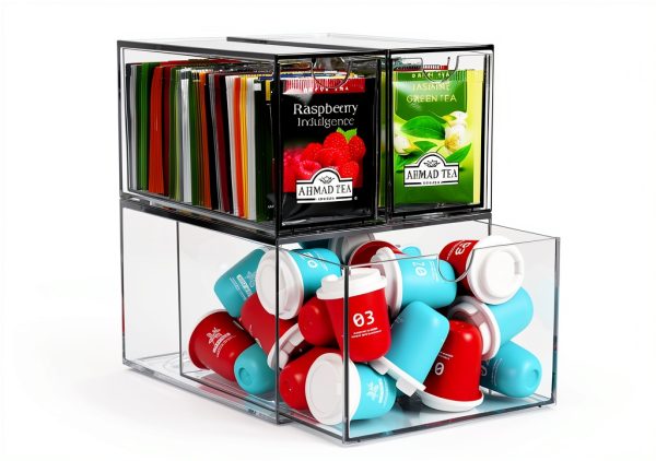 3 Tea and Coffee Organizer and Storage, Acrylic Tea Bag Holder Organizer, Plastic K Cup Drawer Container for Cabinet-0