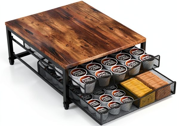 Coffee Pod Holder For Counter, Wooden K Cup Holder with Sliding Drawer, Large Capacity Coffee Pod Storage for Coffee Station, Home, Office, Kitchen-0
