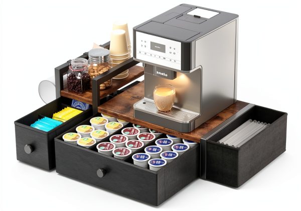 Homeiju Coffee Pod Drawer - Rustic Brown K-Cup Holder with Mug Rack-0